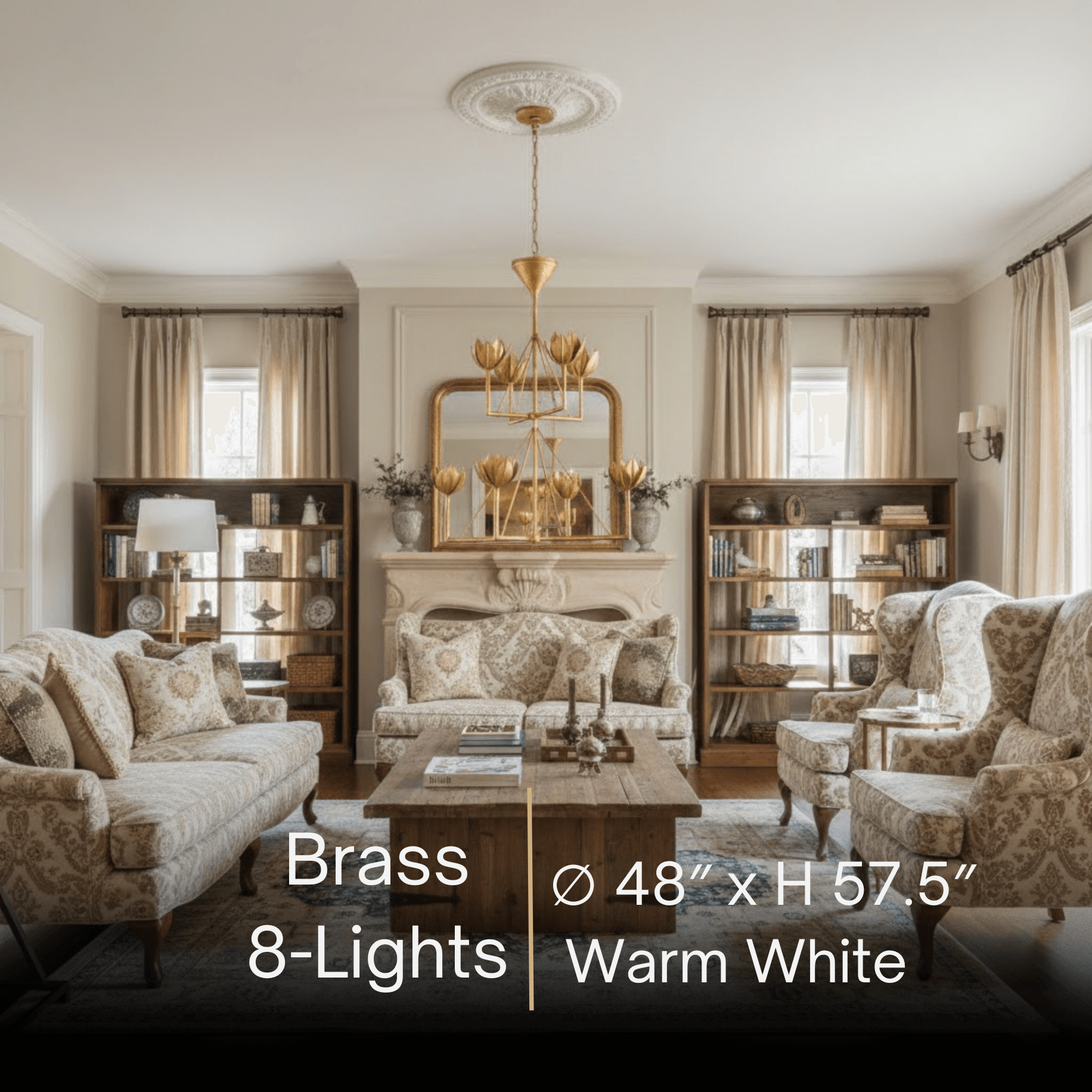Chandelier — Curved Petal Shades & Brass Frame for Dining Room