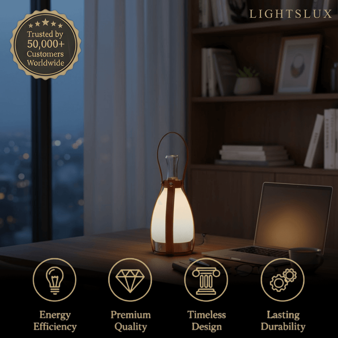 Modern Leather Table Lamp – Portable LED Glass Light in Brown, White or Silver for Bedroom