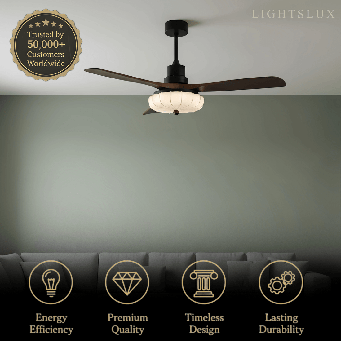 Modern Ceiling Fan Light — Lotus Fabric Shade & Walnut Wood Blades for Bedroom