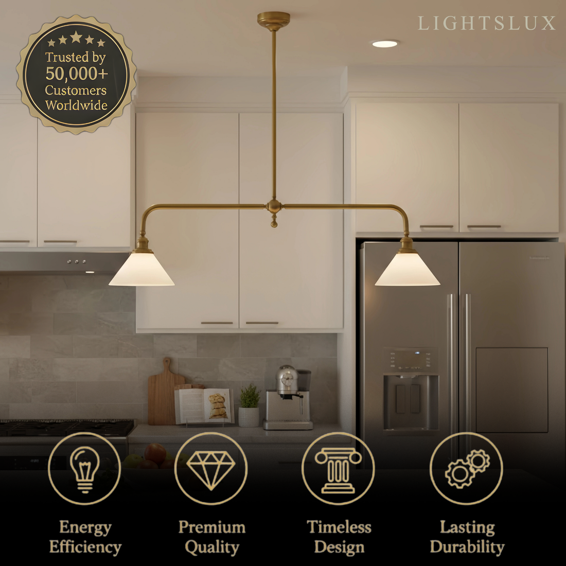 Modern Brass Pendant Light – White Ceramic Island Chandelier for Kitchen