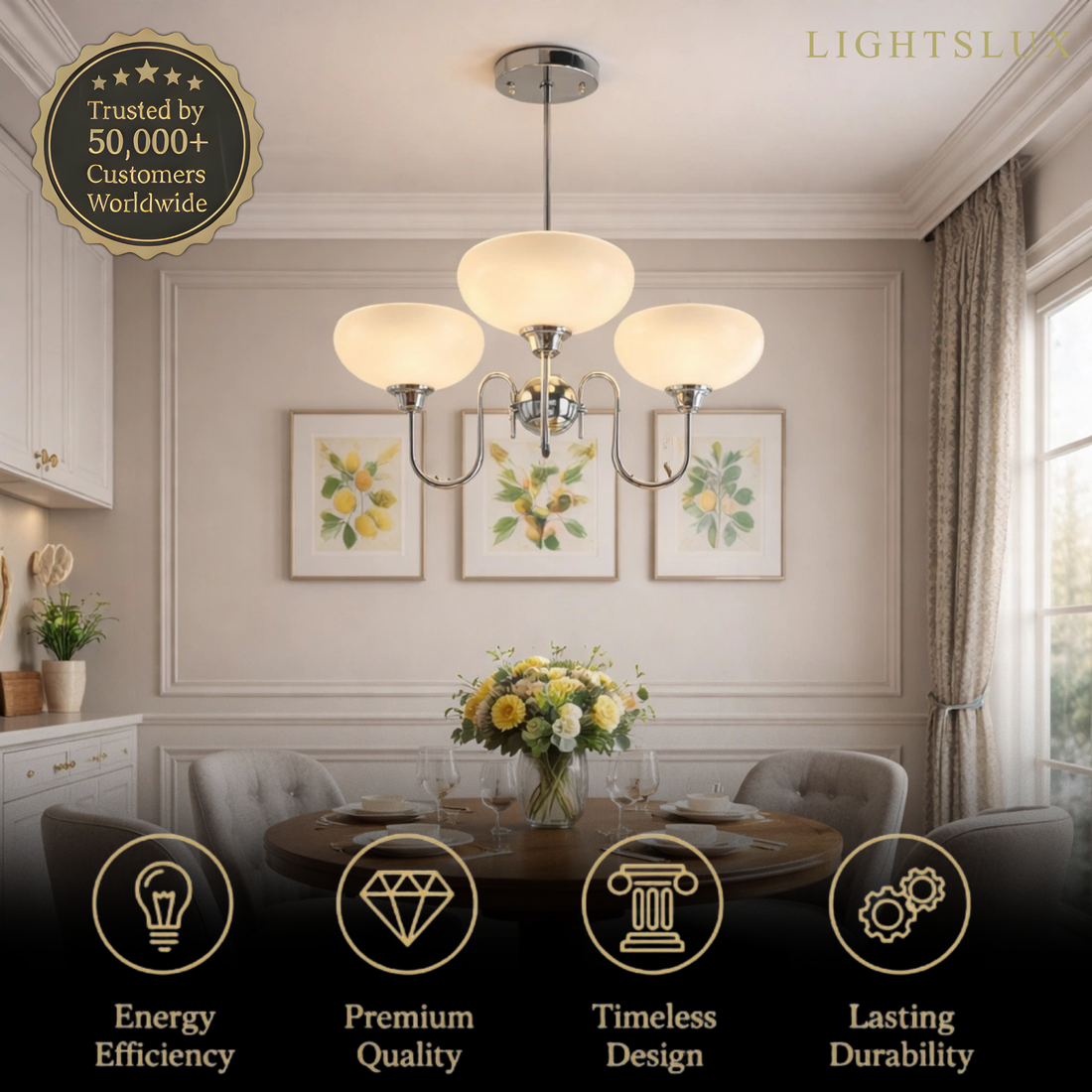 Modern Glass Chandelier – Gold or Chrome Multi-Light Ceiling Lamp for Dining Room