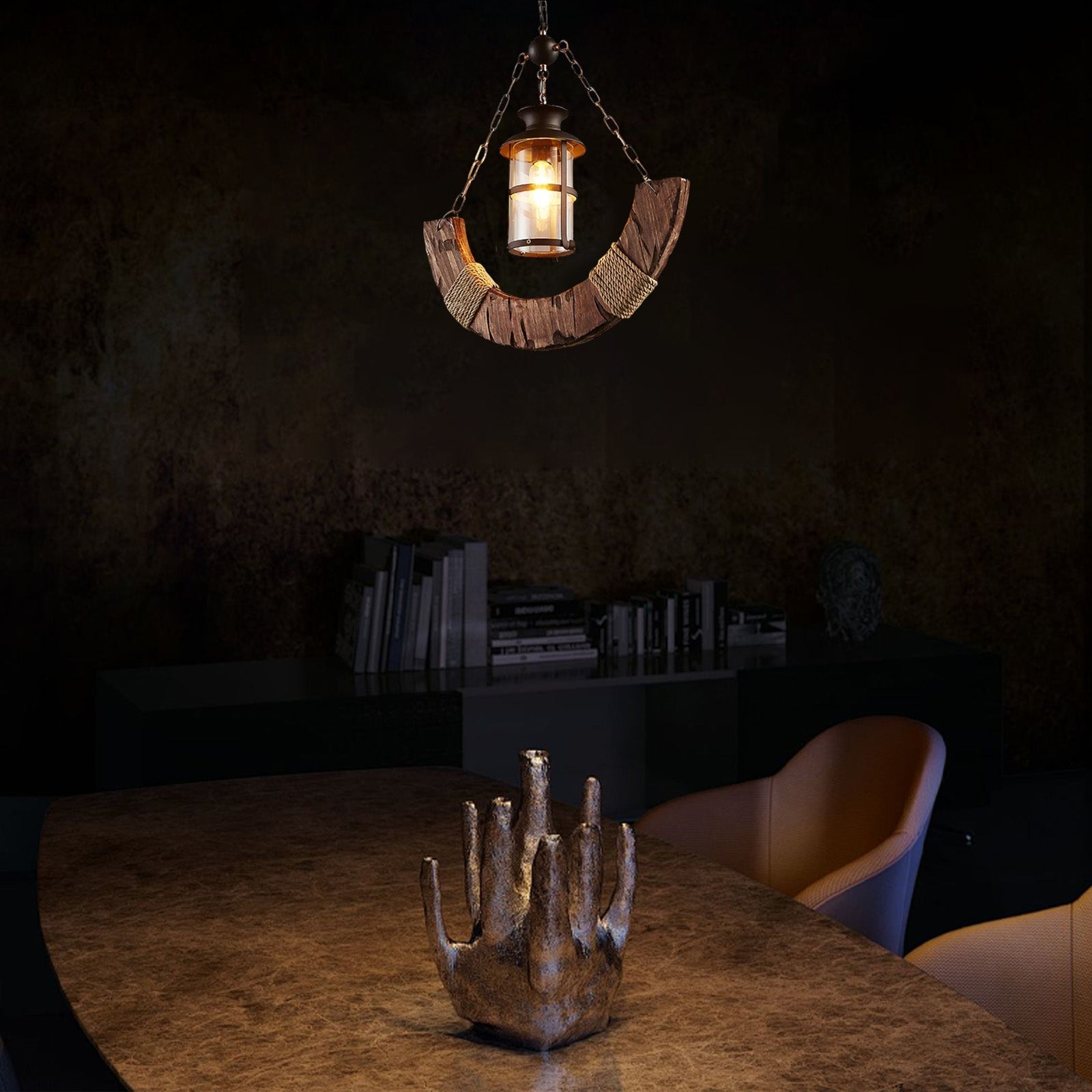 Vintage Lantern Pendant Light — Black Metal & Burlywood