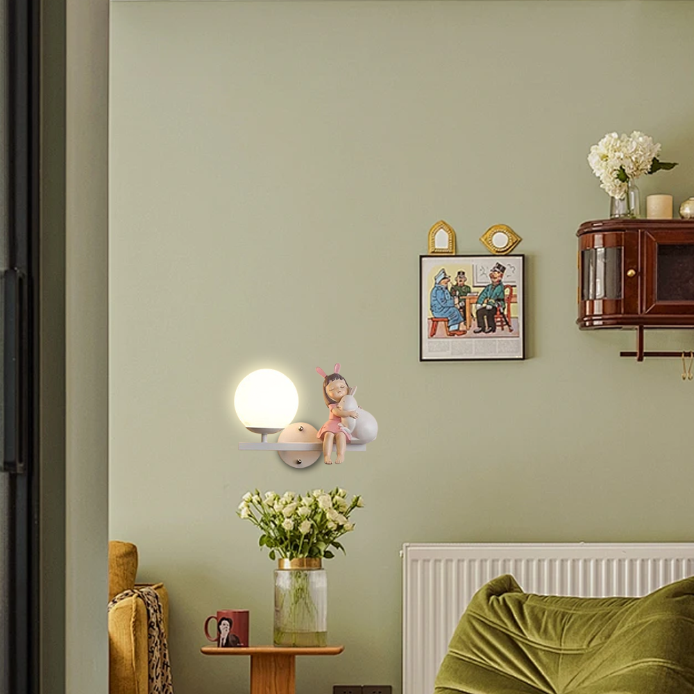 Wall Lamp – Pink & White Metal/Glass Globular Design for Bedroom