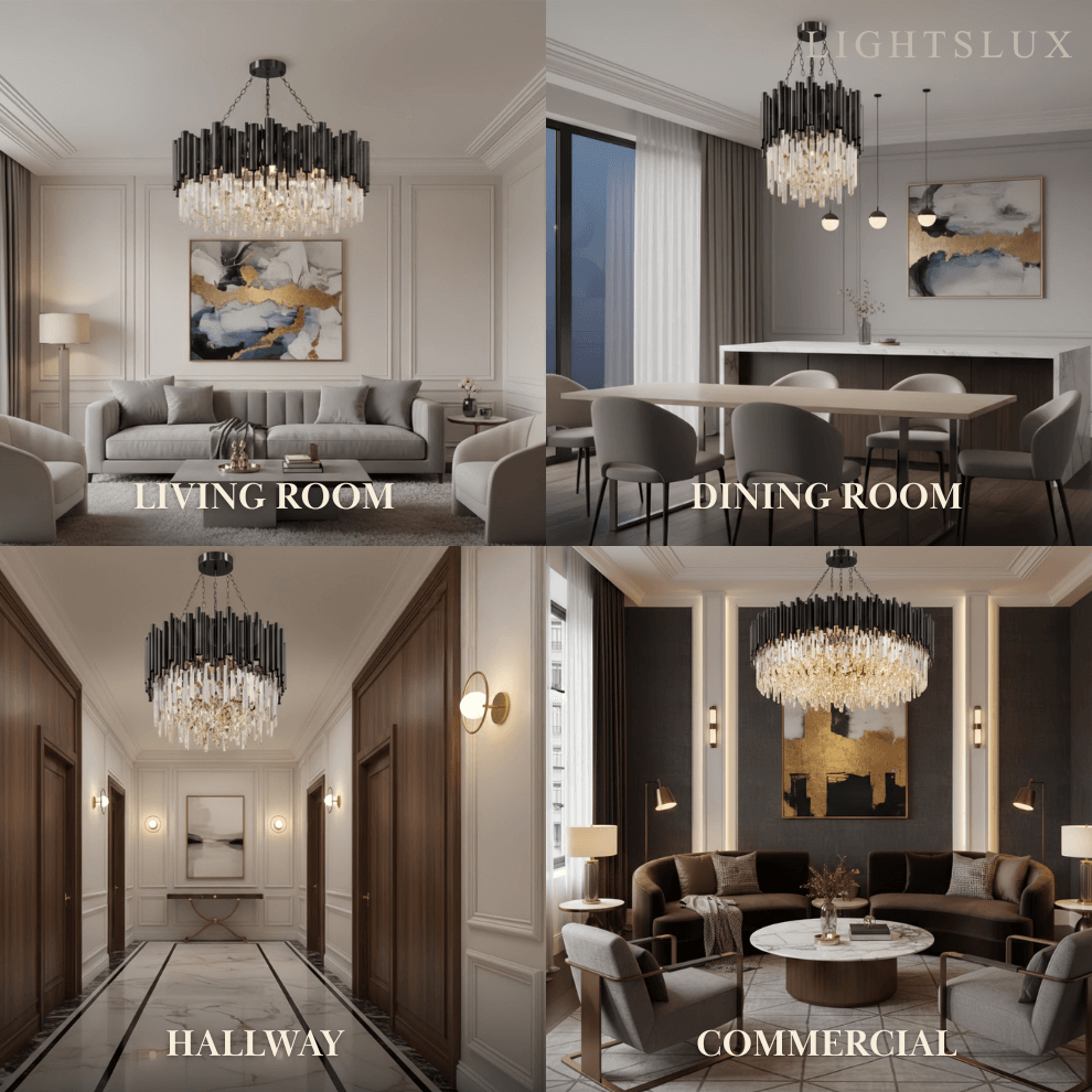 Modern Crystal Chandelier – Black Frame Sparkling Focal Point for Dining/Living Room