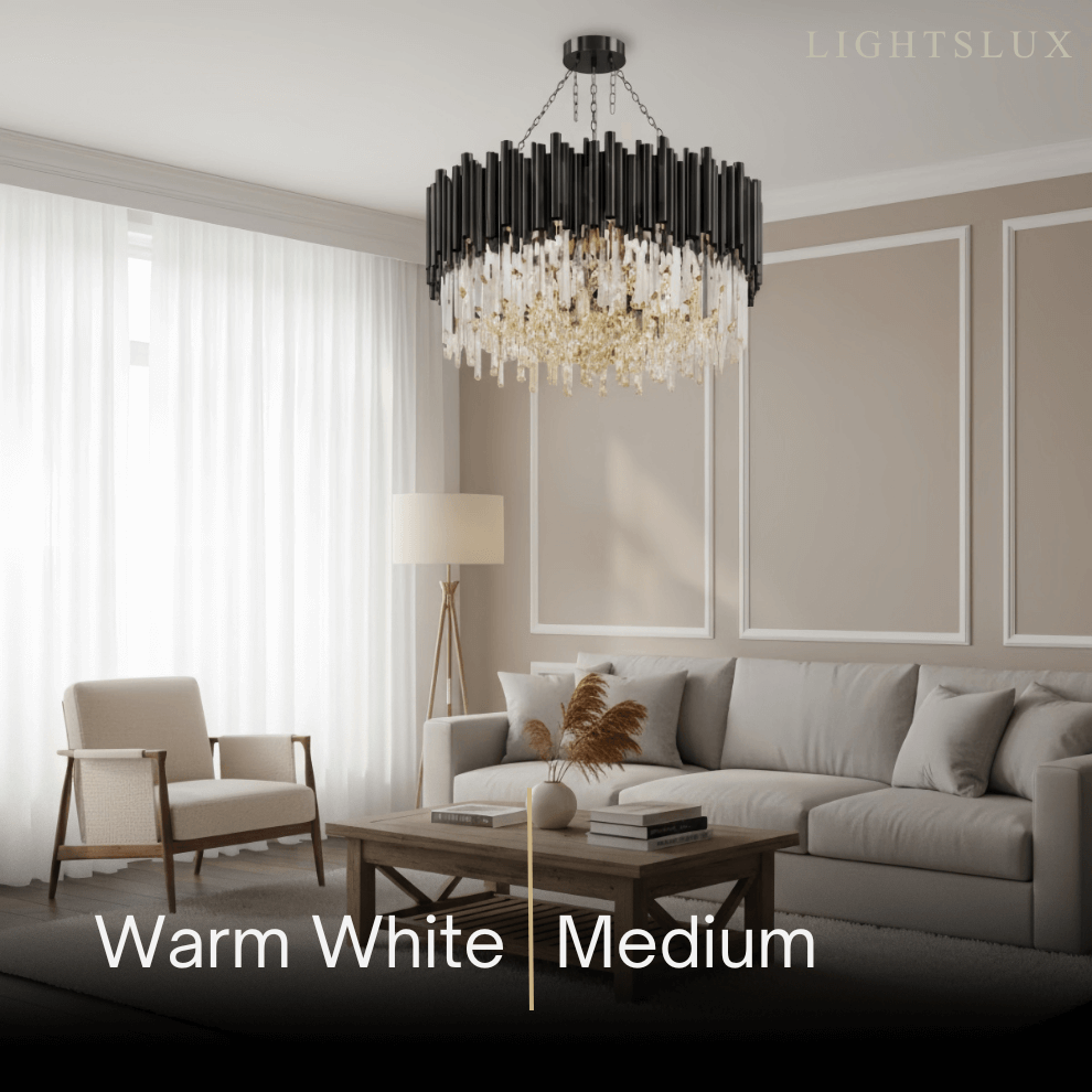 Modern Crystal Chandelier – Black Frame Sparkling Focal Point for Dining/Living Room