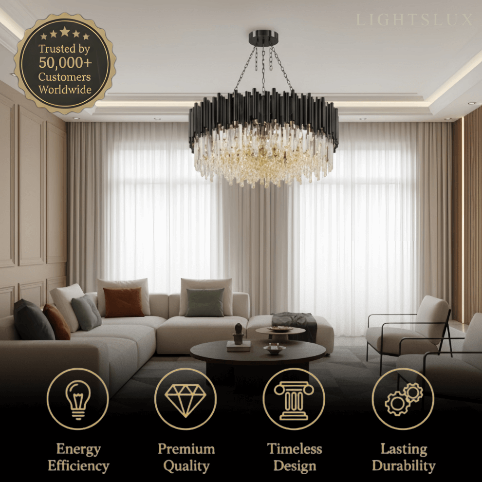 Excelis Modern Crystal Chandelier – Black Frame Sparkling Focal Point for Dining/Living Room