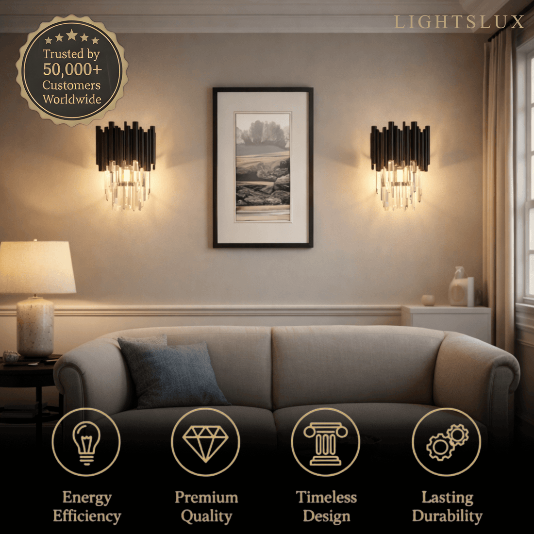 Excelis Luxury Obsidian Crystal Wall Sconce – Black Stainless Steel with Clear Crystals