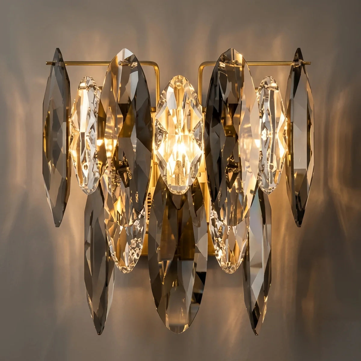 Excelis Modern Luxury Crystal Wall Sconce – Smoky Grey & Gold with Clear Crystals for Indoor