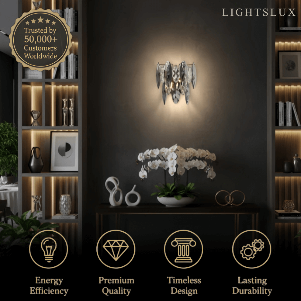 Excelis Modern Luxury Crystal Wall Sconce – Smoky Grey & Gold with Clear Crystals for Indoor
