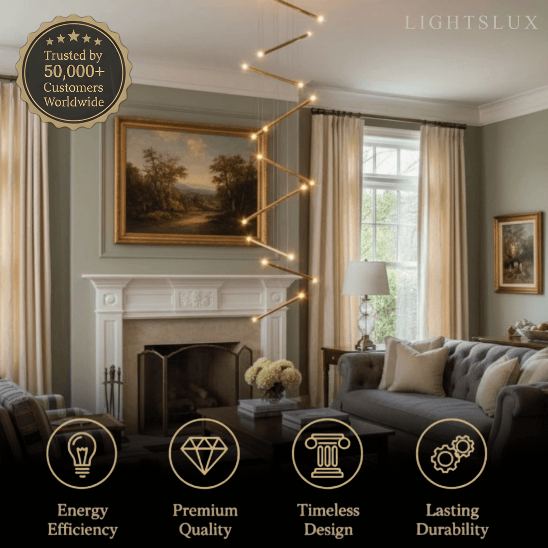 Nebula Luxury Flowing Gold Chandelier – Metallic Acrylic Rods Sculptural Cascade for Staircase