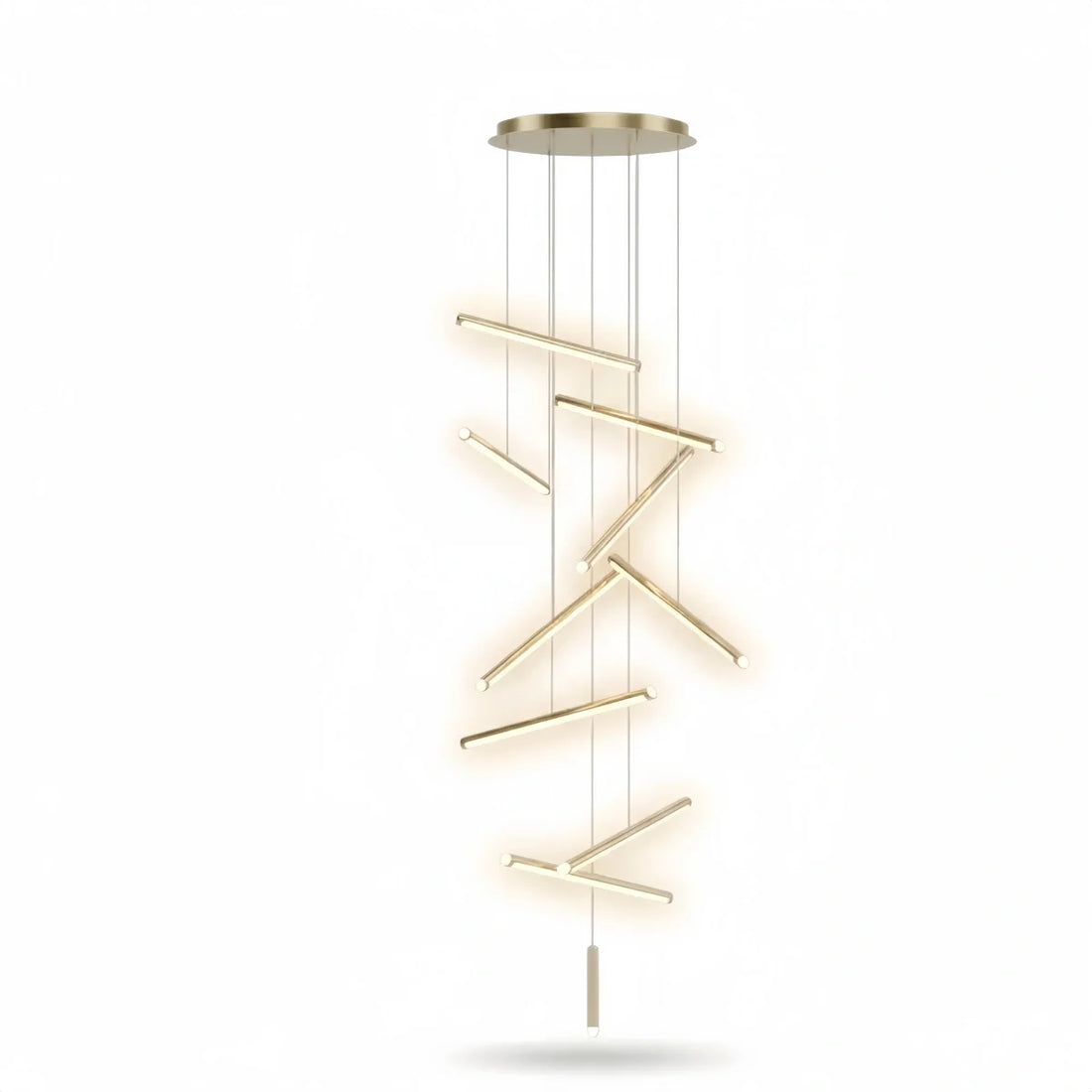 Nebula Luxury Flowing Gold Chandelier – Metallic Acrylic Rods Sculptural Cascade for Staircase