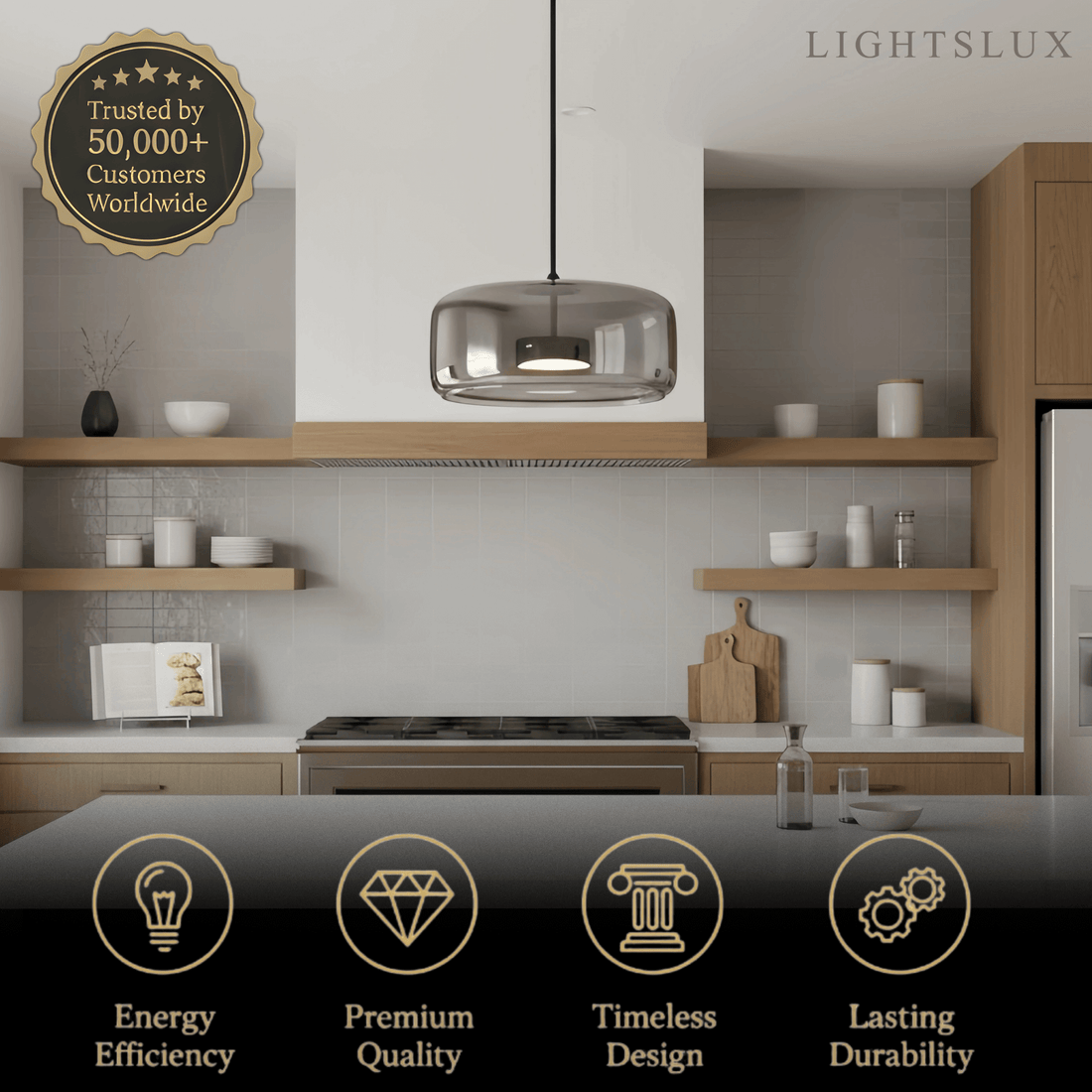 Vetro Modern Hand-Blown Pendant Lamp — Smoked Glass & Metal Accent for Kitchen Island