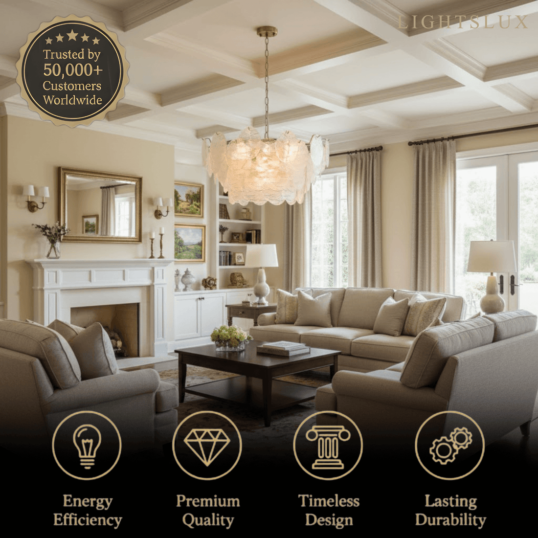 Chandelier — Rippled Wavy Glass Panels & Iron Frame for Living Room