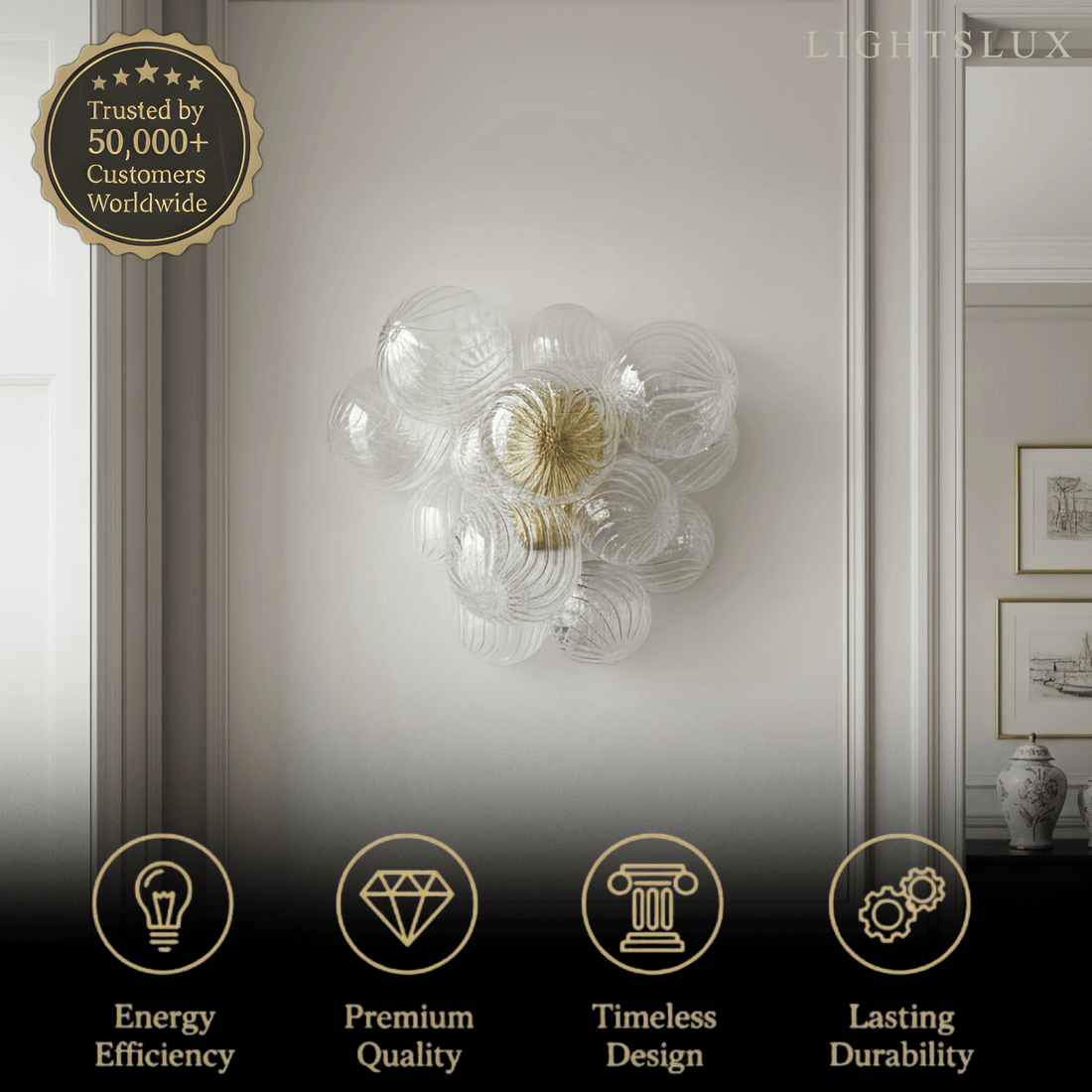 Modern Glass Globe Wall Light – Gold Metal Sconce with Clear Glass for Living Room