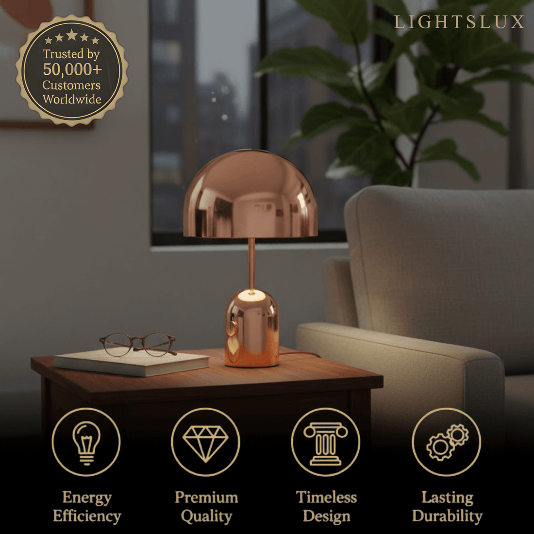 Modern Bell Table Lamp – Metal Dome Desk Light in Gold, Rose Gold or Chrome for Bedroom