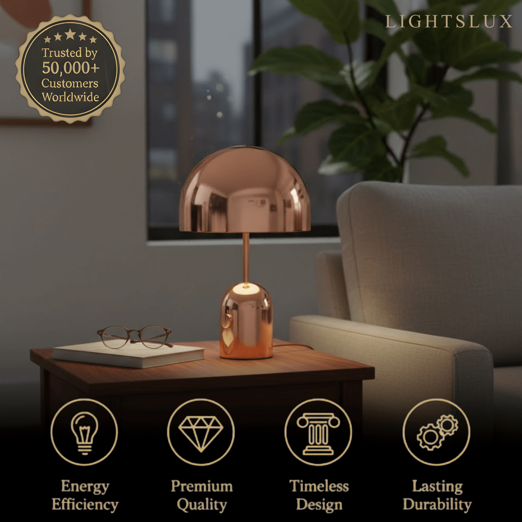 Modern Bell Table Lamp – Metal Dome Desk Light in Gold, Rose Gold or Chrome for Bedroom