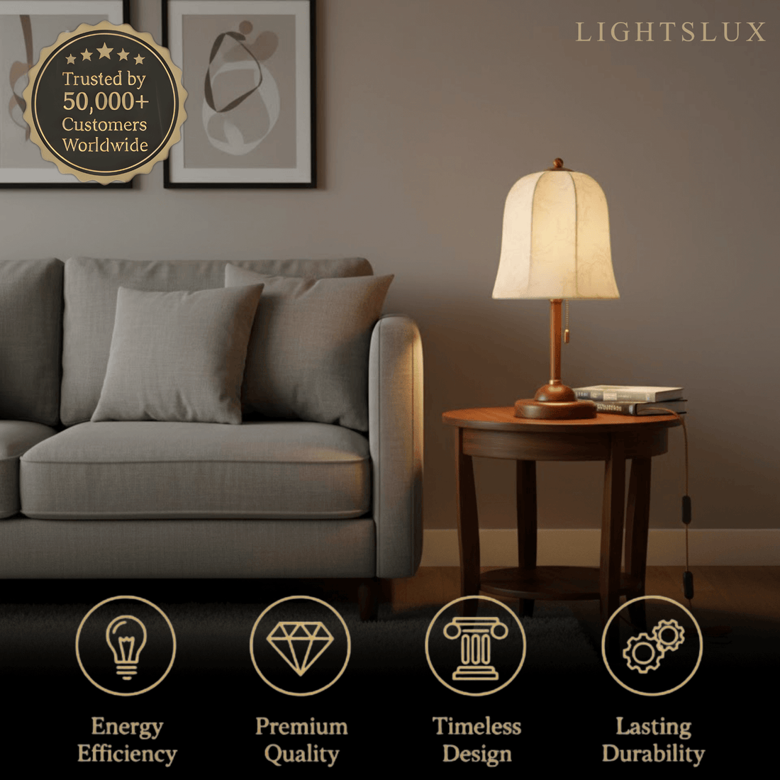 Modern Fabric Table Lamp – Copper and Walnut Wood Bedside Light for Bedroom