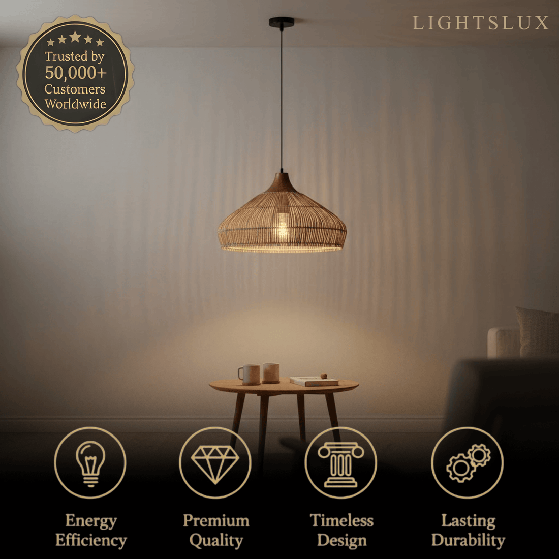 Modern Fabric Table Lamp – Copper and Walnut Wood Bedside Light for Bedroom