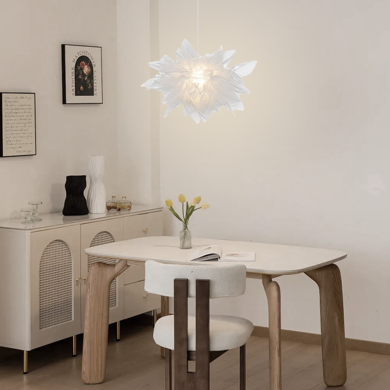 Pendant Light – White Metal Floral with Organza Shade for Bedroom