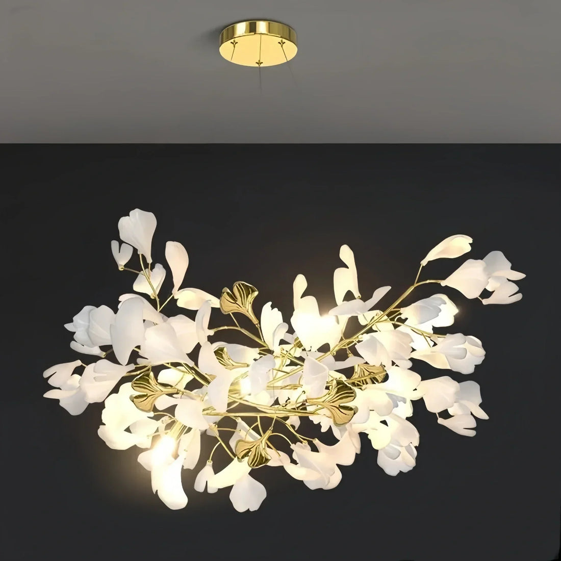 Ceramic Ginkgo Linear Branch Chandelier-All white leaves-L120CM (L47¼")-
