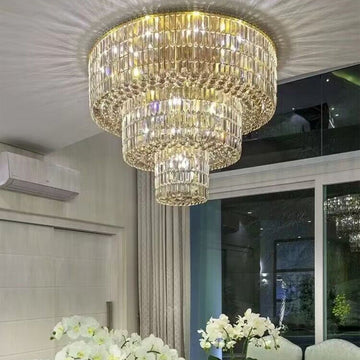 Extra Large Gold Flush Mount Crystal Light Round 3 - layers Decorative Living Room/Dining Room Light Fixture - D23.6"*H25.2"/31.5kgWarm LightJoyfuzzy