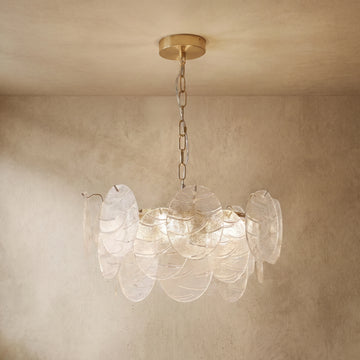 Modern Gold Chandelier — Rippled Wavy Glass Panels & Iron Frame for Living Room