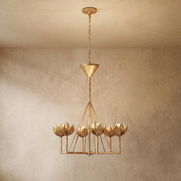 Modern Lotus Chandelier — Curved Petal Shades & Brass Frame for Dining Room