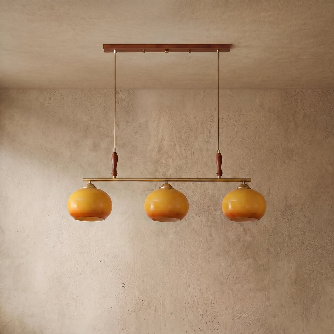 Modern Pendant Lamp — Amber Glass Shades & Brass Bar Wood Accent for Dining Table