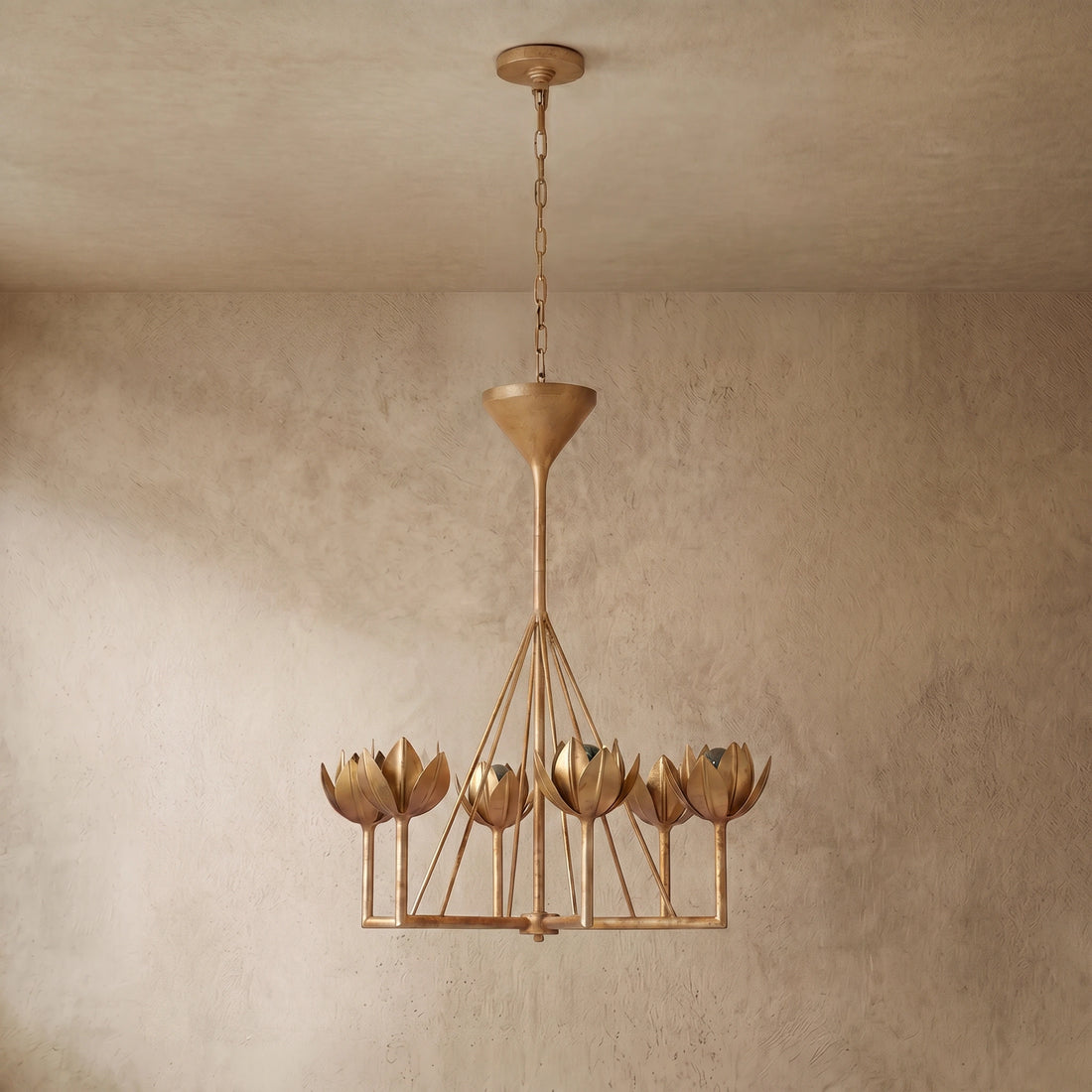 Modern Lotus Chandelier — Curved Petal Shades & Brass Frame for Dining Room