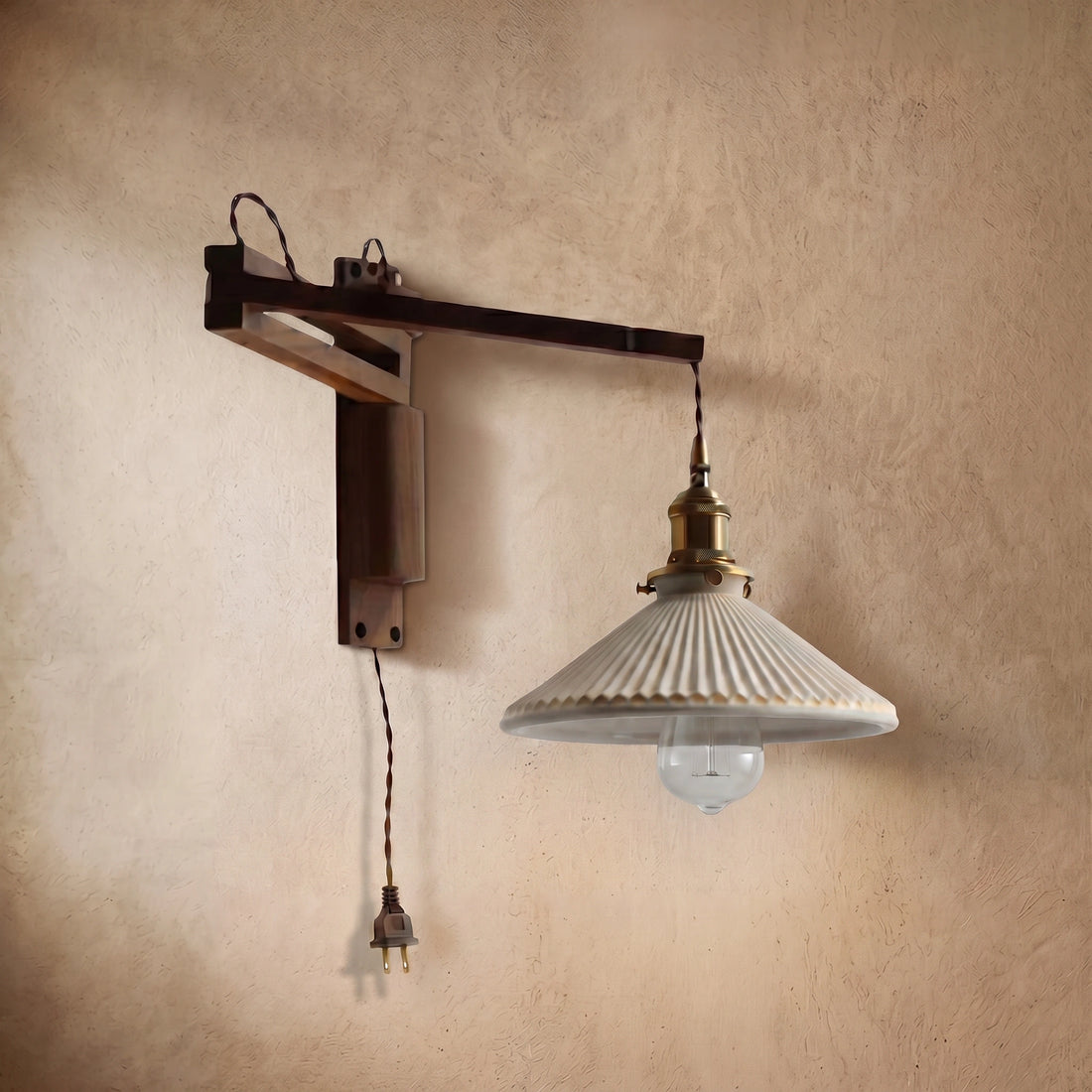 Varlont Irondale Vintage Conical Wall Lamp — Walnut Wood & Ceramic Shade for Bedroom