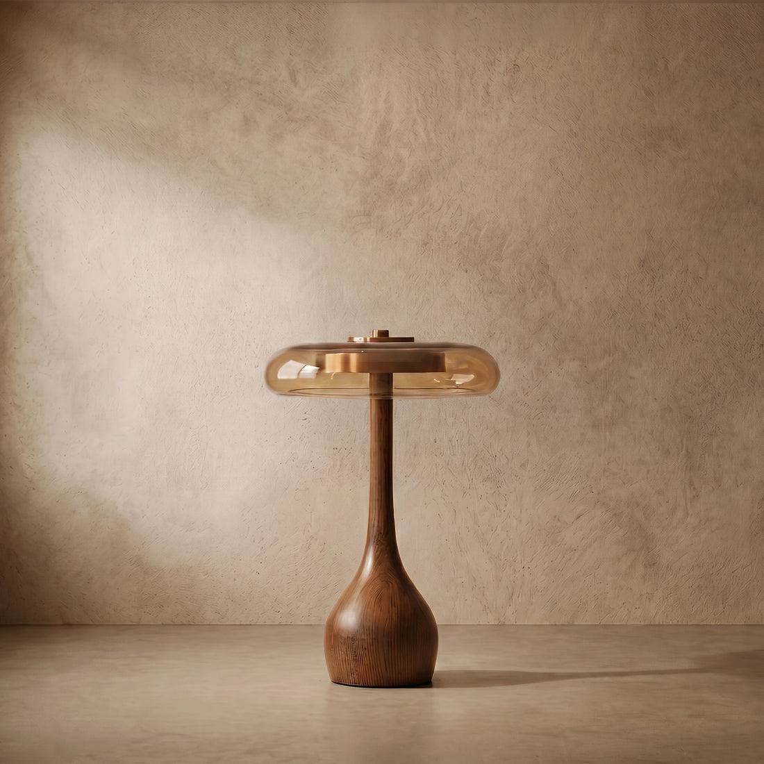 Modern Table Lamp – Wood Base & Amber Glass Shade for Desk Bedside Console