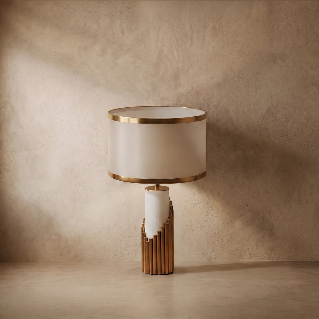 Lunara Royal White & Gold Table Lamp – Cylindrical Metal & Fabric for Bedroom