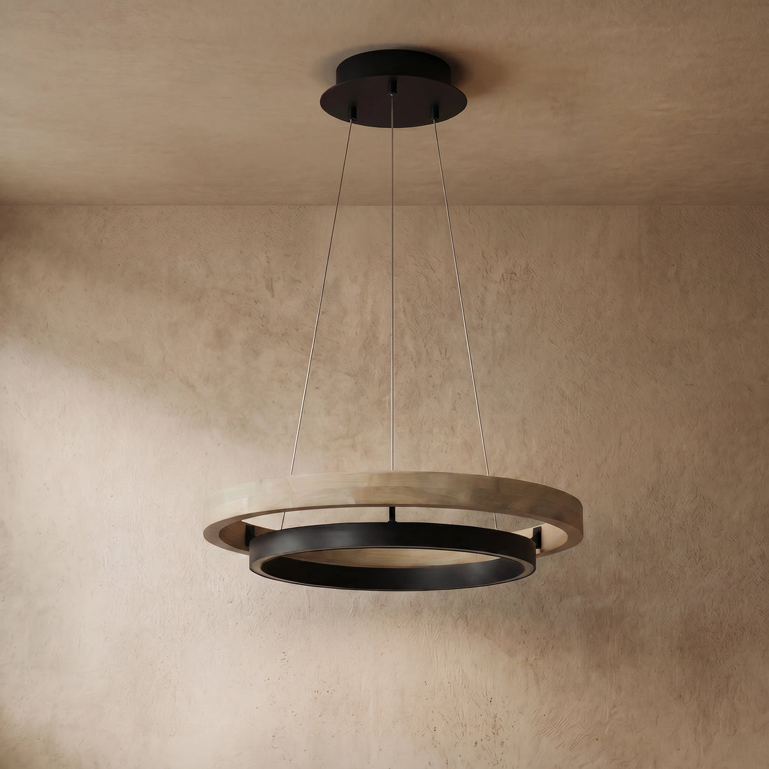 Zenno Modern Farmhouse Chandelier – Wood & Black Acrylic Circular LED for Dining Room