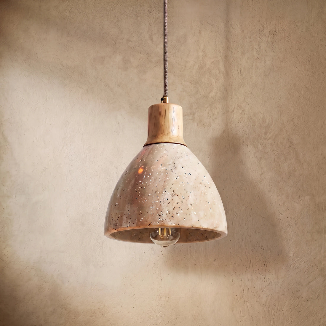 Organic Modern Pendant Light — Textured Stone Resin & Wood Accent for Kitchen Island