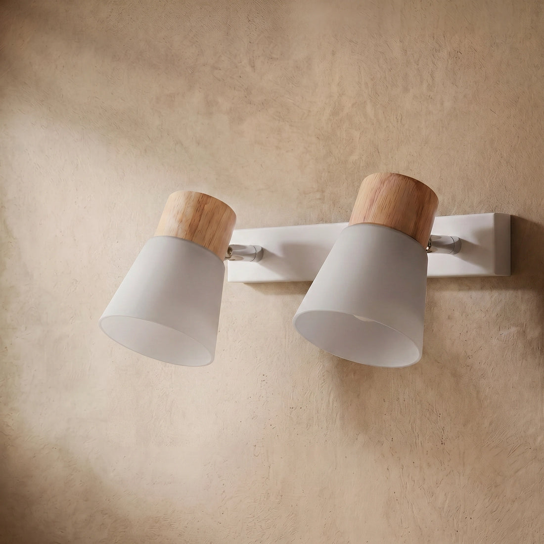 Crema Modern White Vanity Light – Wood & Glass Conical Shades for Bathroom