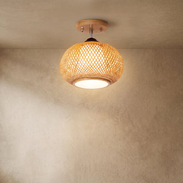 Varlont Bamburo Rustic Boho Rattan Ceiling Light – Bamboo Flush Mount for Hallway