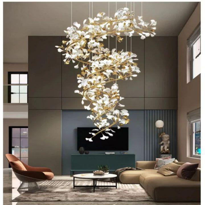 Ginkgo Cascading B (Spiral) Branch Chandelier - White + gold accentsH150CM (H59")Joyfuzzy