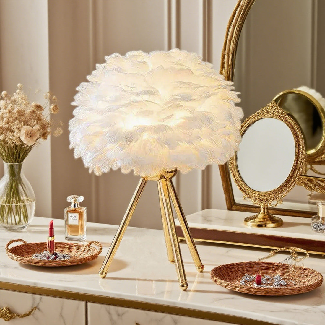 Lunara Art Deco Table Lamp – Feather& Metal Tripod Base for Children's Room/Bedroom