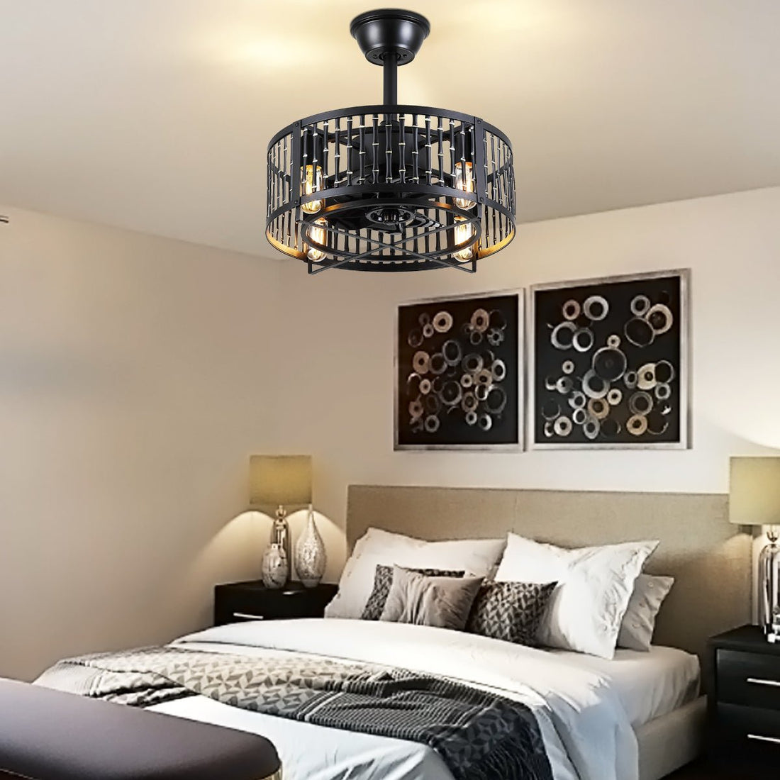 Industrial Black Cage Ceiling Fan Light 18" - Joyfuzzy