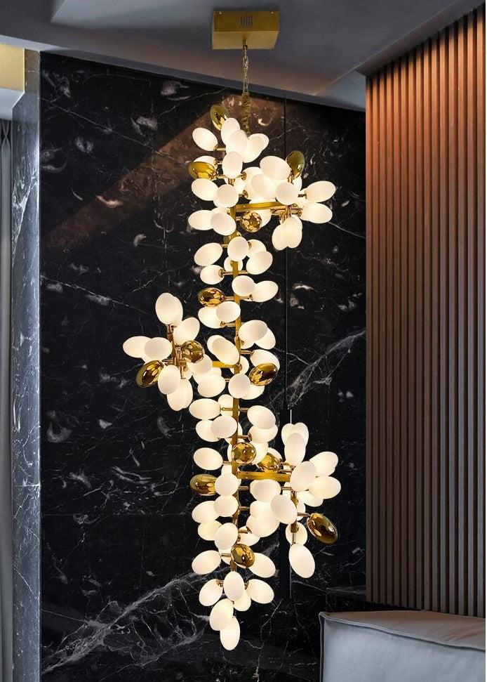 Large Branch Copper Chandelier with Grape Shape Bulbs Unique and Creative Light Fixture for Staircase/ Duplex/ High Ceiling Living Room/ Restaurant - H 94.5" * D 29.5"Warm LightJoyfuzzy