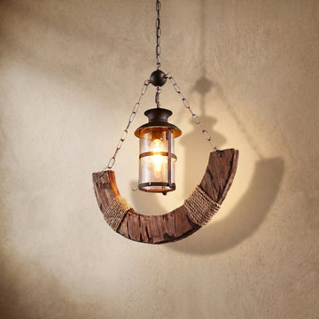 Varlont Irondale Rustic Arc Pendant Light — Wood & Metal & Glass Lantern Dining Room
