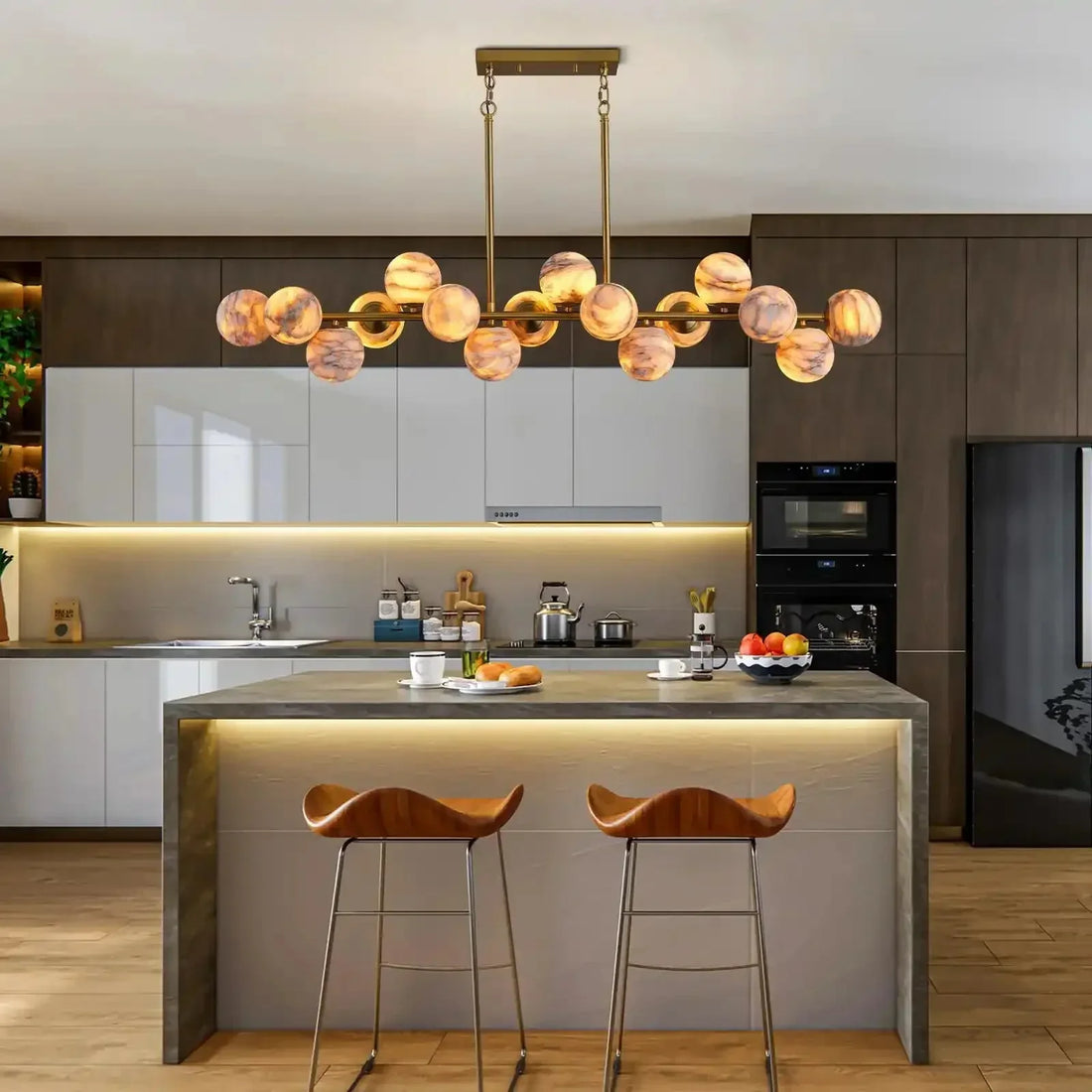 Mid Century Modern Sputnik 12 Light Gold Alabaster Globe Chandelier - Joyfuzzy