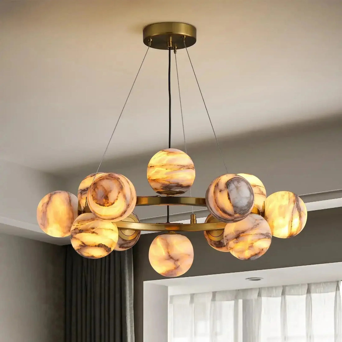 Mid Century Modern Sputnik 12 Light Gold Alabaster Globe Chandelier - Joyfuzzy
