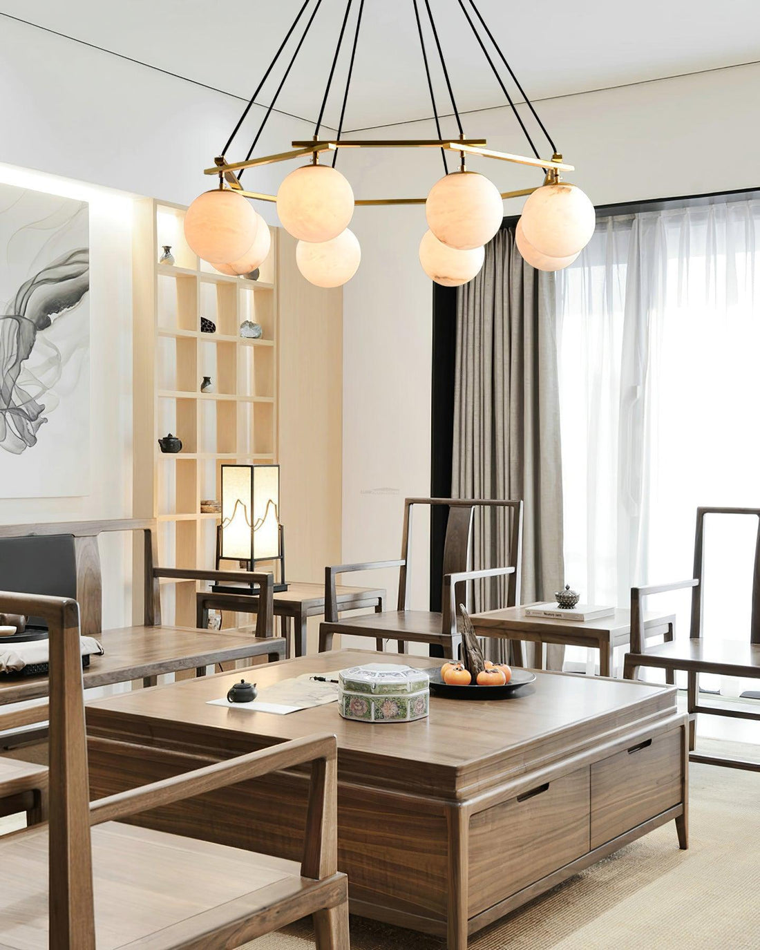 Miira Alabaster Chandelier with 3/6/8 heads - 3 heads 21.6" x H 59"/ Dia 55cm x H 150cmBrass & White AlabasterJoyfuzzy