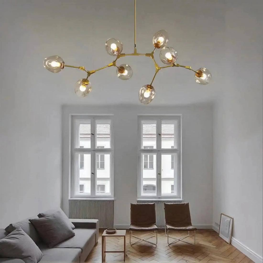 Modern Industrial Branch Chandelier with Multiple Glass Pendants Extra Large for Living or Dining Room - 5 Lights: L39.4"*H31.5"Brass+Clear GlassWarm LightJoyfuzzy