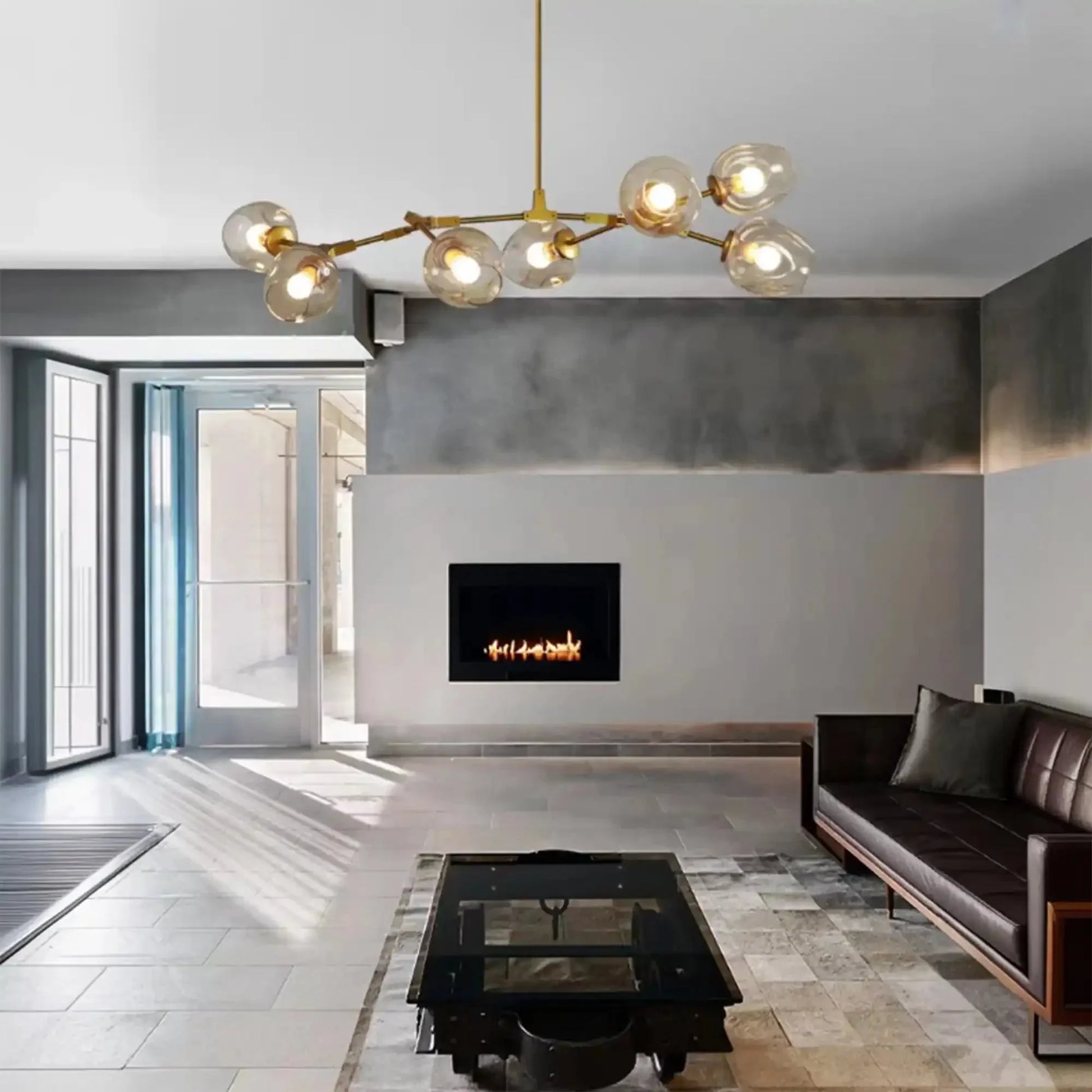 Modern Industrial Branch Chandelier with Multiple Glass Pendants Extra Large for Living or Dining Room - 5 Lights: L39.4"*H31.5"Brass+Clear GlassWarm LightJoyfuzzy