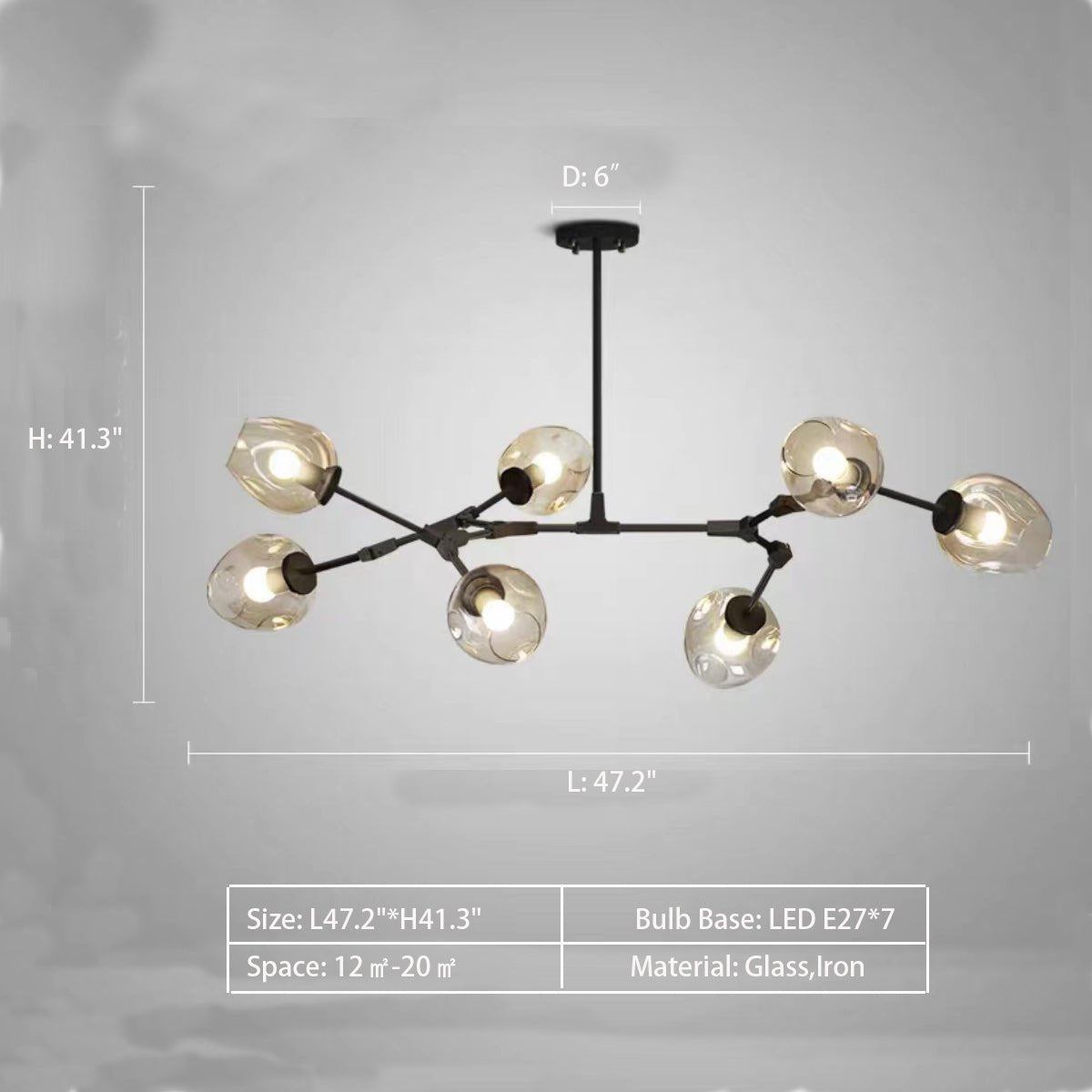 Modern Industrial Branch Chandelier with Multiple Glass Pendants Extra Large for Living or Dining Room - 7 Lights: L47.2"*H41.3"Black+Clear GlassWarm LightJoyfuzzy