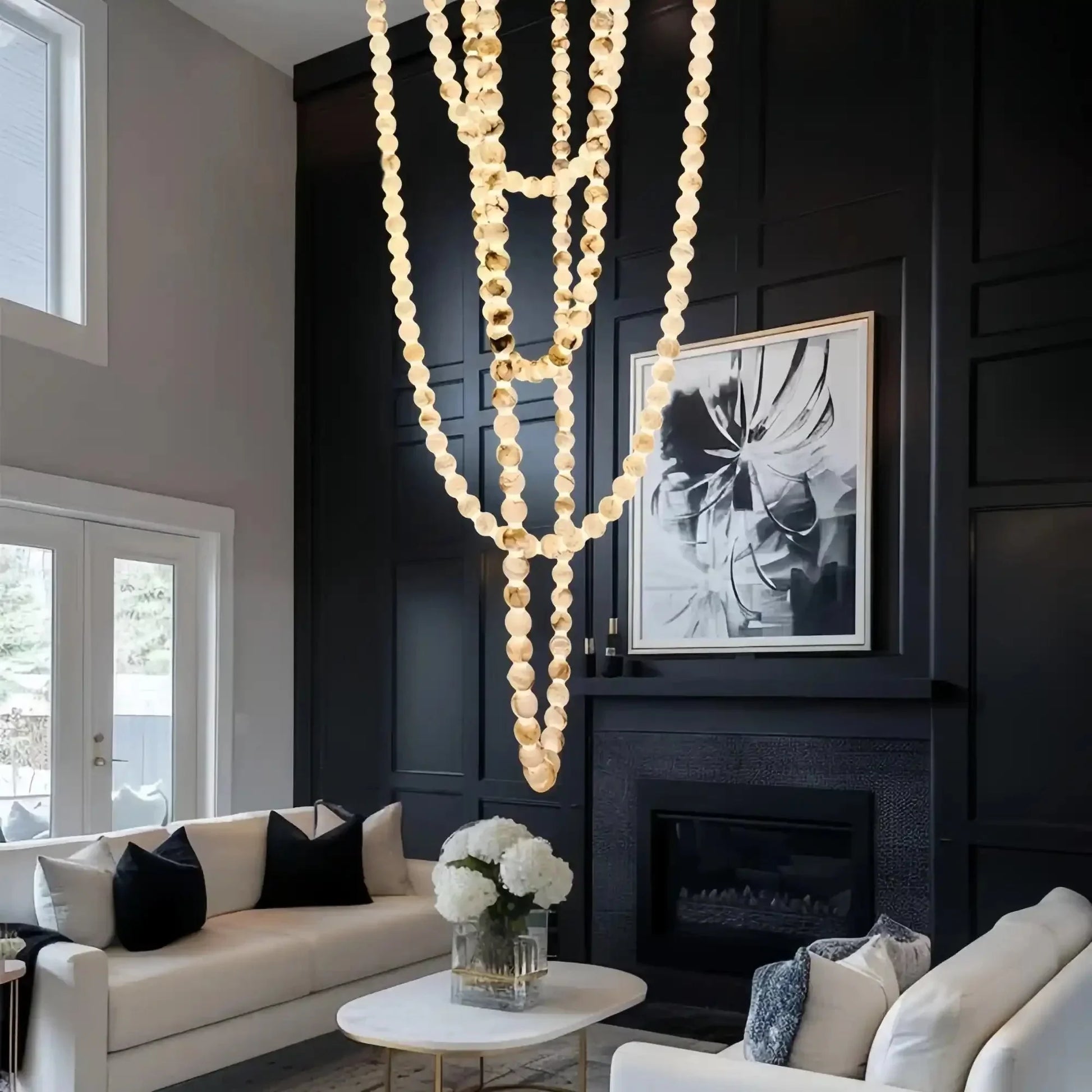 Modern LED Natural Alabaster Globes Beads Hanging Chandelier Indoor Lighting Fixture - 167 globes - L100+L200+L400+L500CM/L40"+L80"+L157"+L197"Neutral Light (4000K)Black + WhiteJoyfuzzy