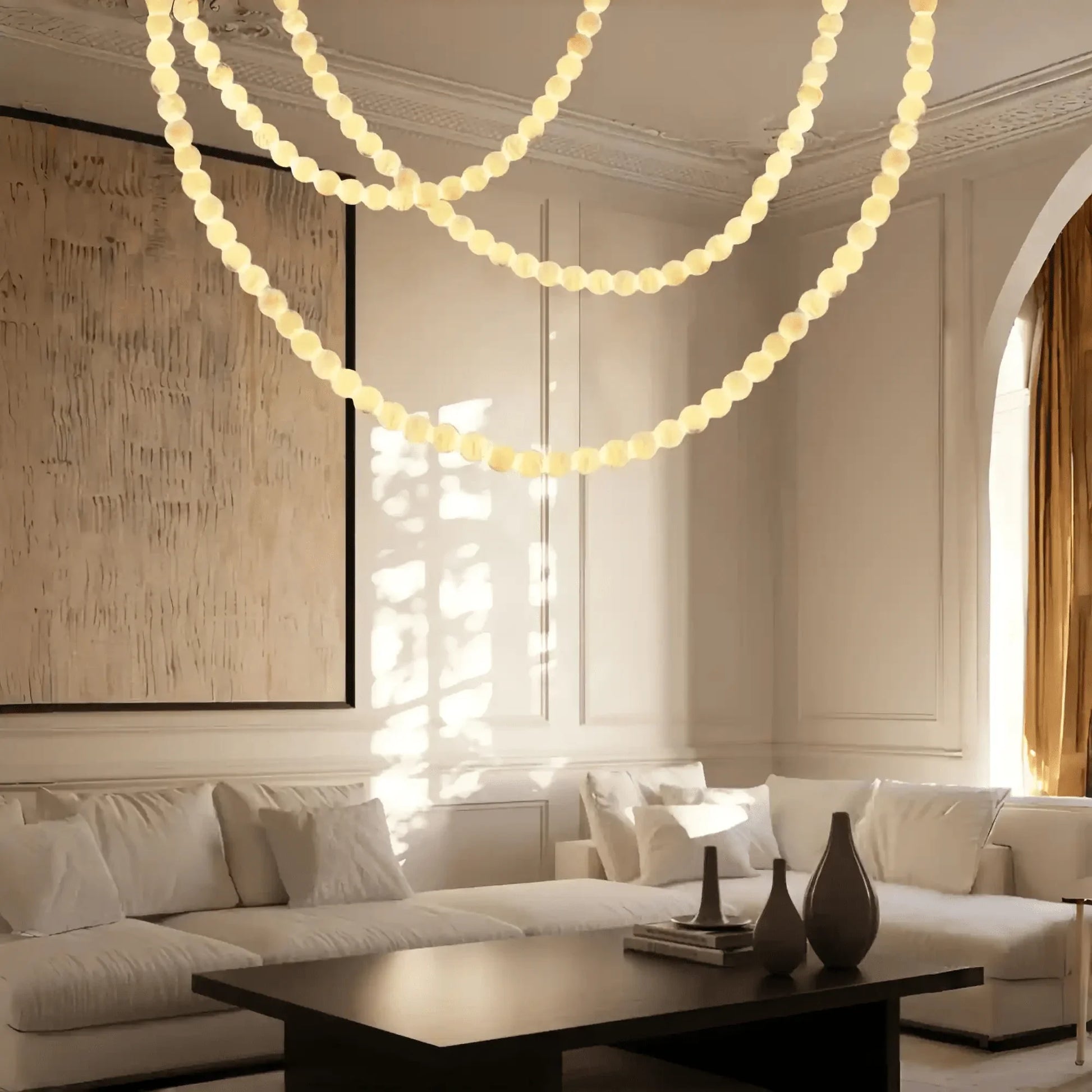 Modern LED Natural Alabaster Globes Beads Hanging Chandelier Indoor Lighting Fixture - 125 globes - L100+L300+L500CM/L40"+L118"+L197"Cool Light (6000k)Brass + WhiteJoyfuzzy
