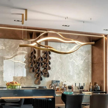 Modern Simple Brass Waving Chandelier for Living/Dining Room/Kitchen Island - L31.5"*W2.2"*H11.8"WoodWarm LightJoyfuzzy